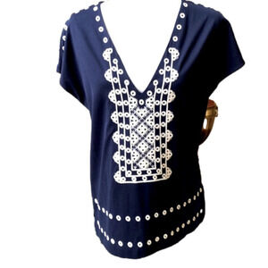 J CREW Navy Blue V-Neck Cap Sleeve Blouse Cream Embroidery Women’s Small New NWT